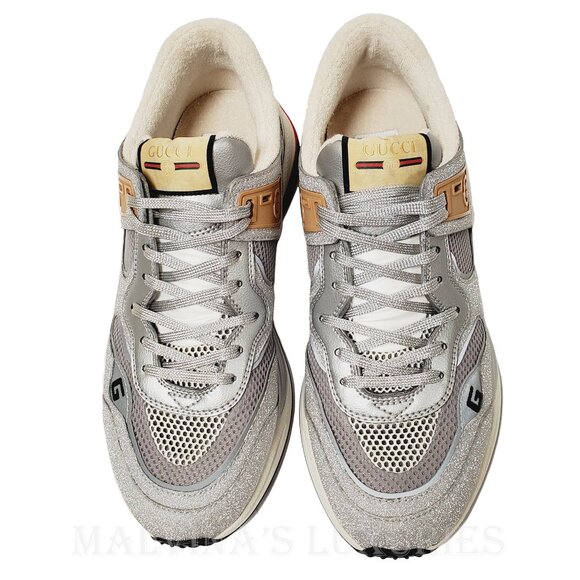 GUCCI SNEAKERS MENS ULTRAPACE SILVER LEATHER SHOES w LOGO - Picture 3 of 15